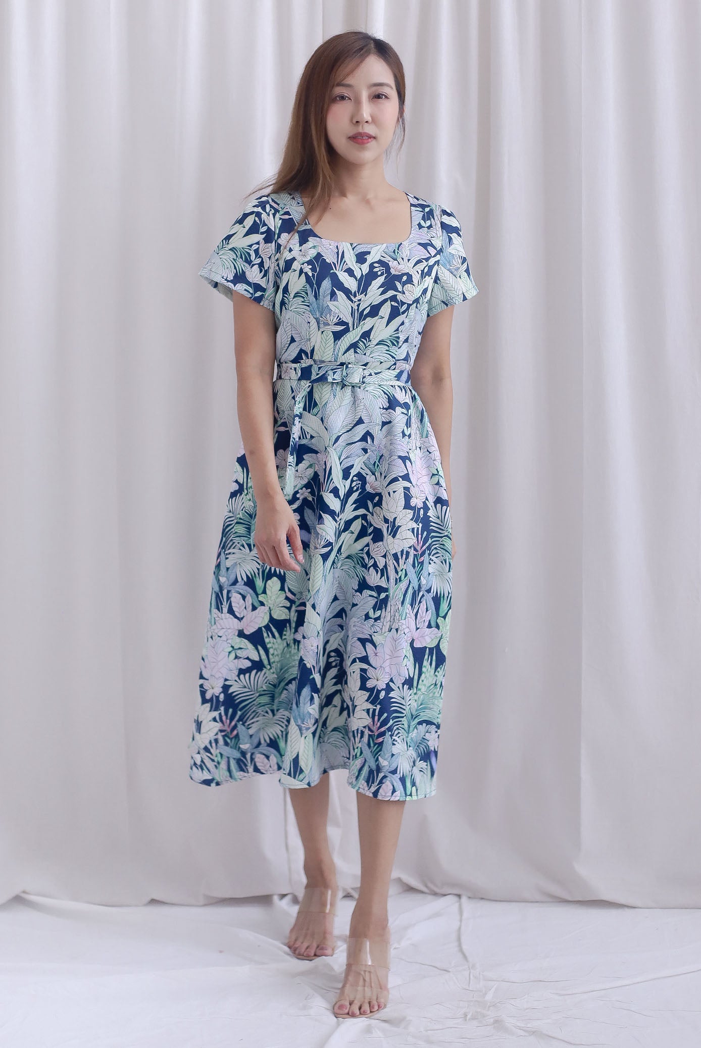 Celia Square Neckline Belted Skater Dress In Navy Leafy