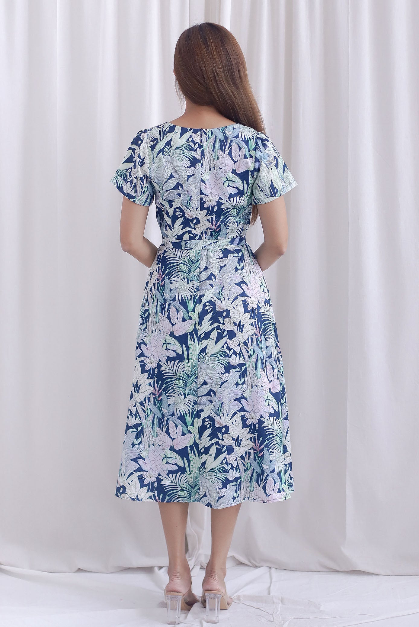 Celia Square Neckline Belted Skater Dress In Navy Leafy