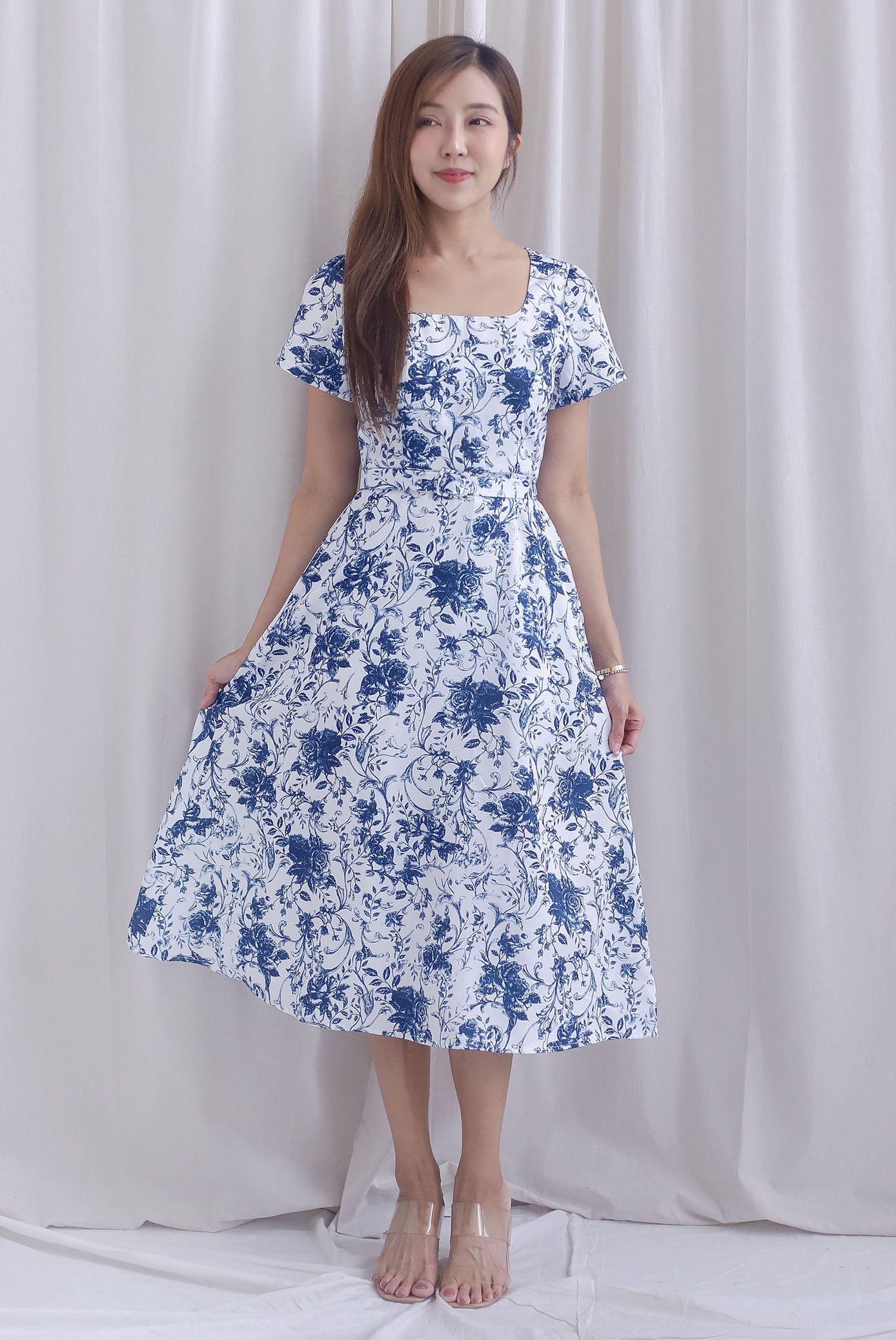 Celia Square Neckline Belted Skater Dress In Porcelain