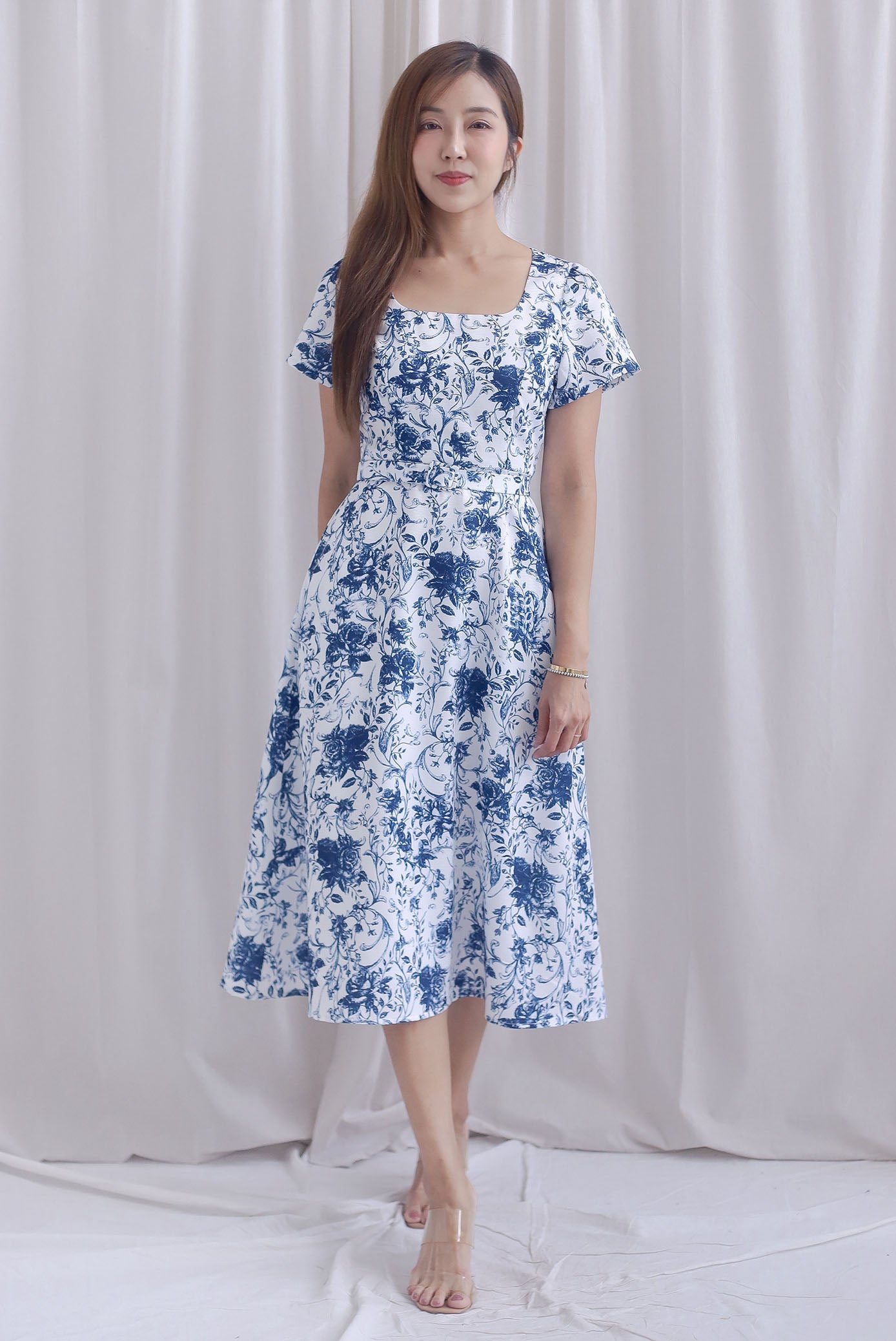 Celia Square Neckline Belted Skater Dress In Porcelain