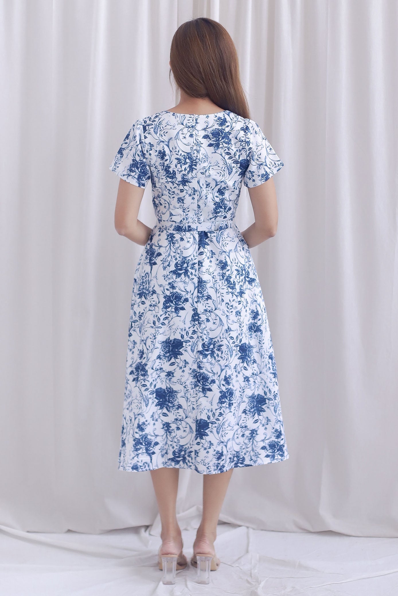 Celia Square Neckline Belted Skater Dress In Porcelain