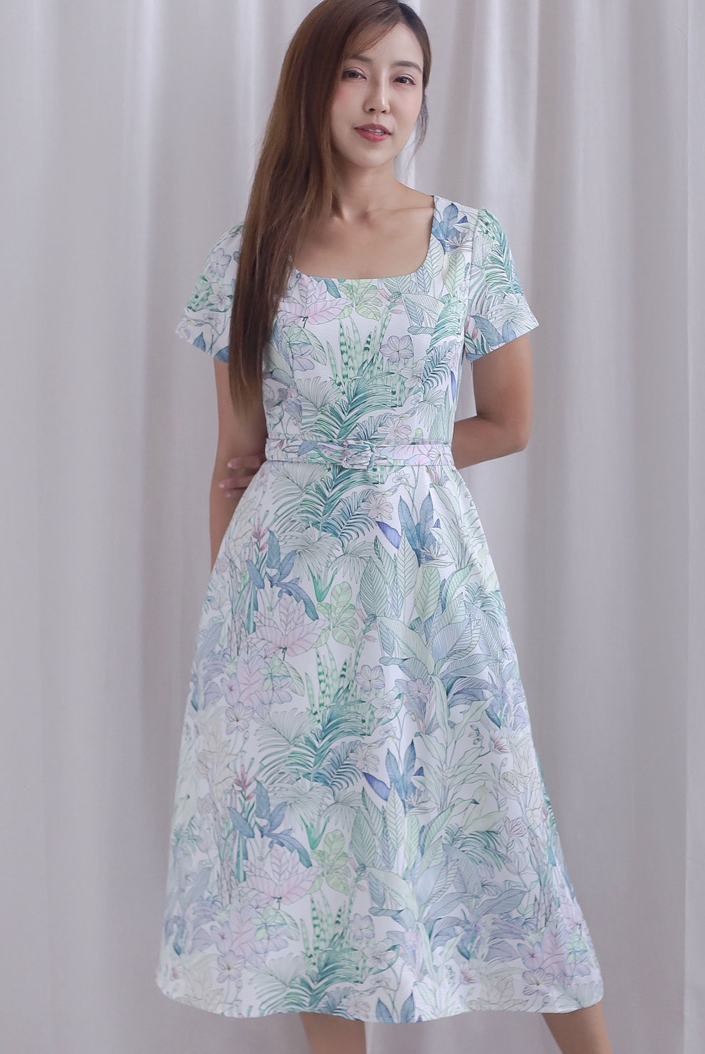 Celia Square Neckline Belted Skater Dress In White Leafy