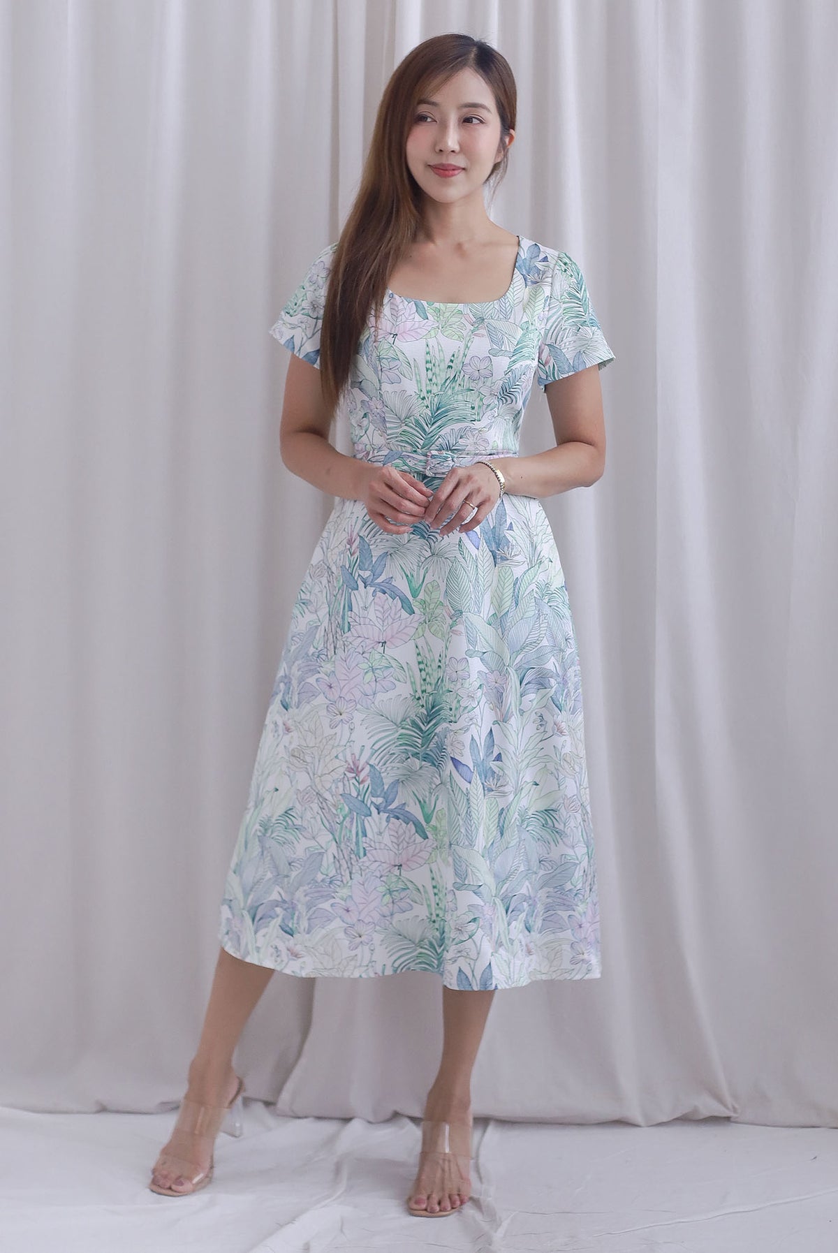 Celia Square Neckline Belted Skater Dress In White Leafy