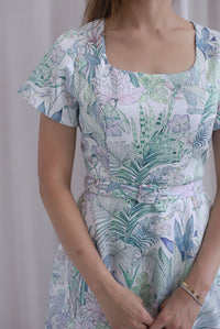 Celia Square Neckline Belted Skater Dress In White Leafy