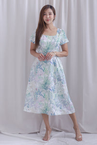 Celia Square Neckline Belted Skater Dress In White Leafy