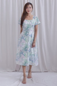 Celia Square Neckline Belted Skater Dress In White Leafy