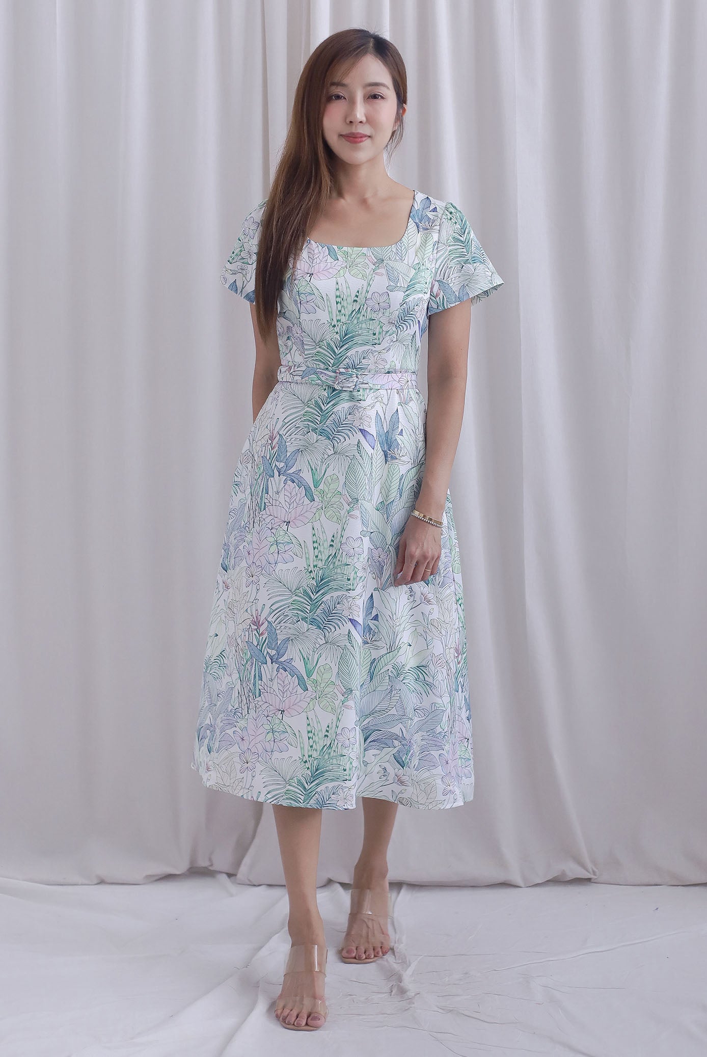 Celia Square Neckline Belted Skater Dress In White Leafy