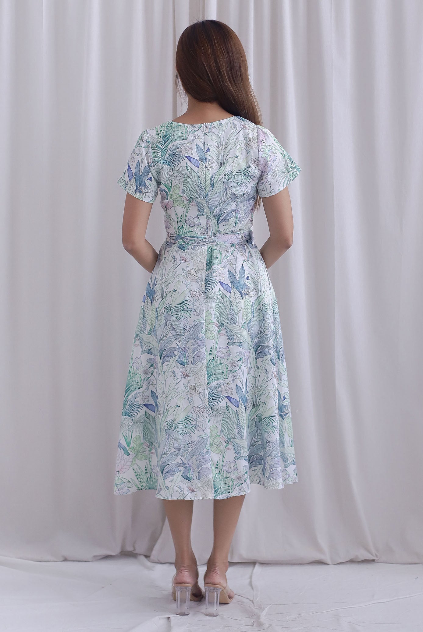 Celia Square Neckline Belted Skater Dress In White Leafy