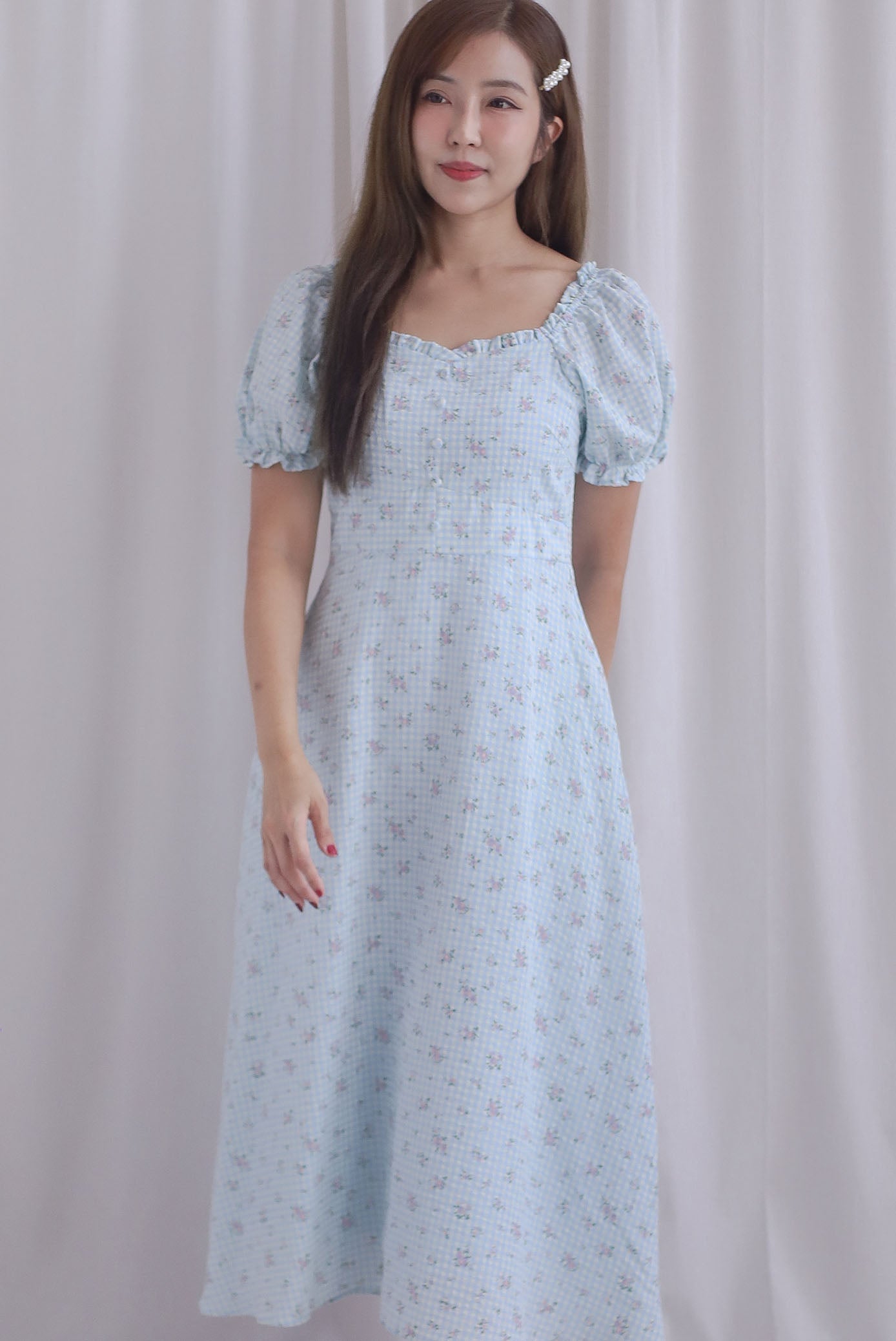 Chandra Frill Floral Gingham Sleeved Midi Dress In Blue