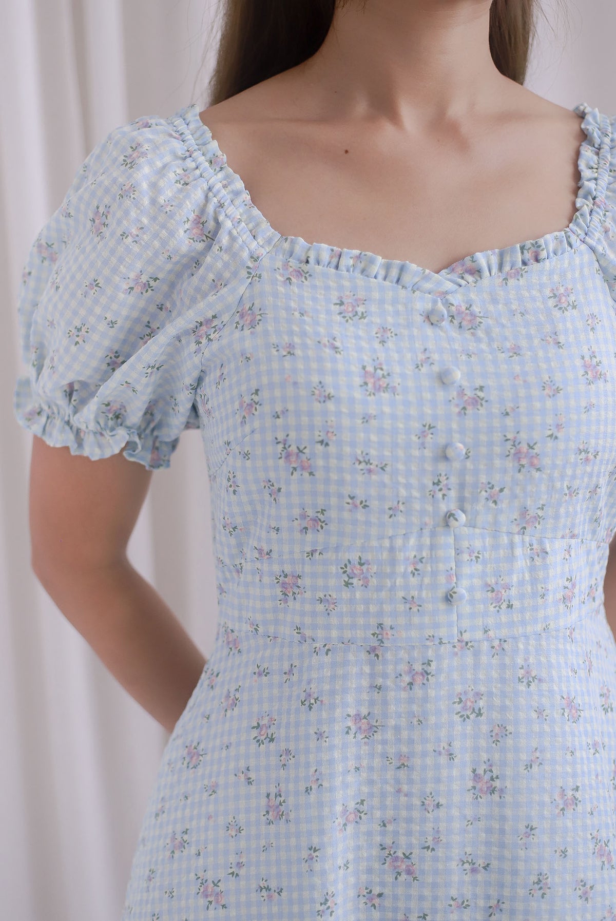 Chandra Frill Floral Gingham Sleeved Midi Dress In Blue