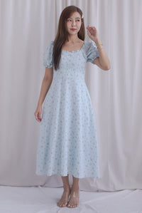 Chandra Frill Floral Gingham Sleeved Midi Dress In Blue