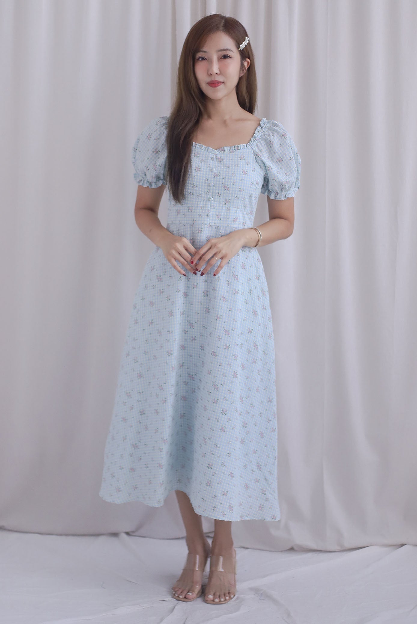 Chandra Frill Floral Gingham Sleeved Midi Dress In Blue