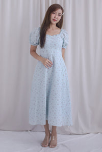 Chandra Frill Floral Gingham Sleeved Midi Dress In Blue