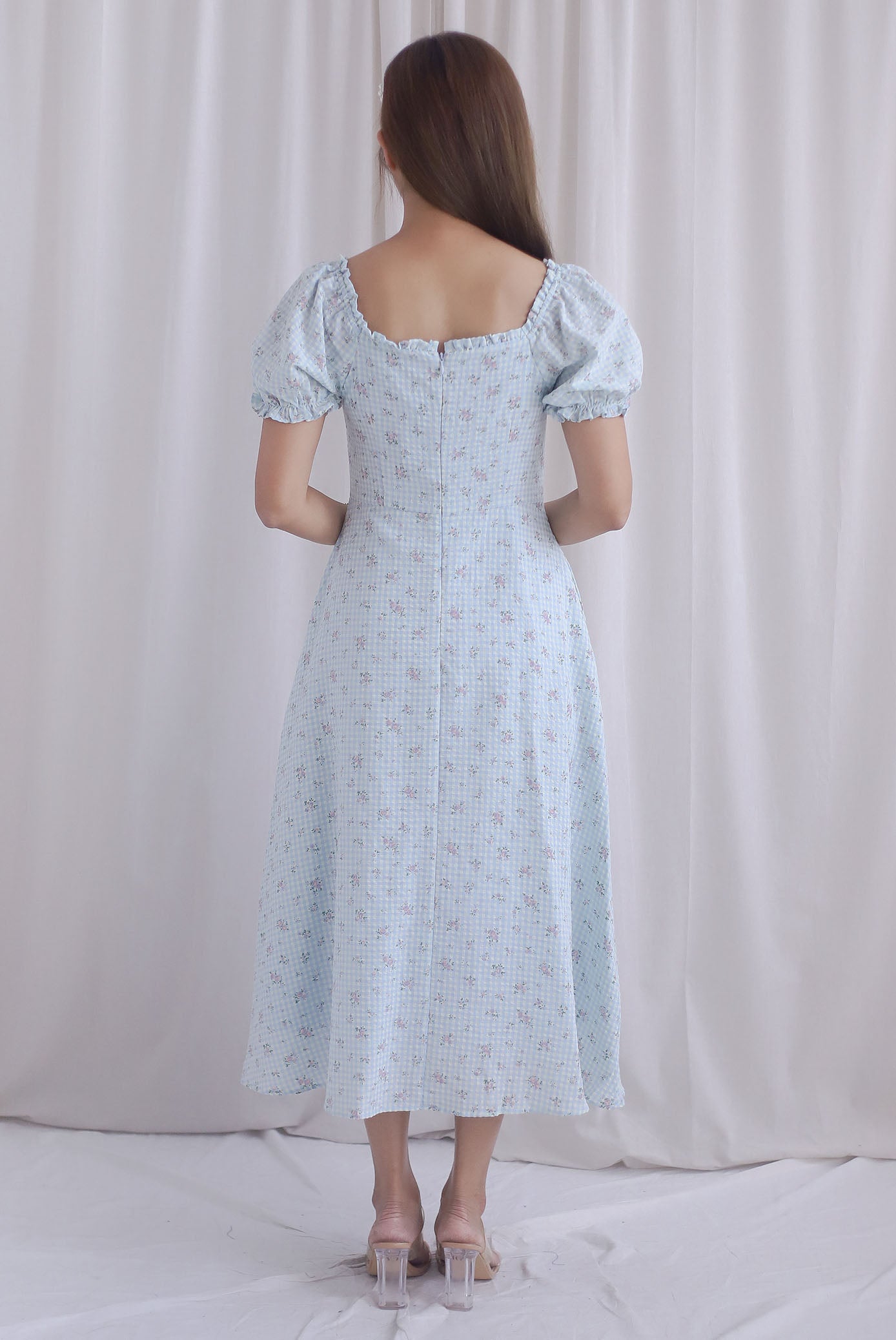 Chandra Frill Floral Gingham Sleeved Midi Dress In Blue