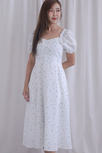 Chandra Frill Floral Gingham Sleeved Midi Dress In White