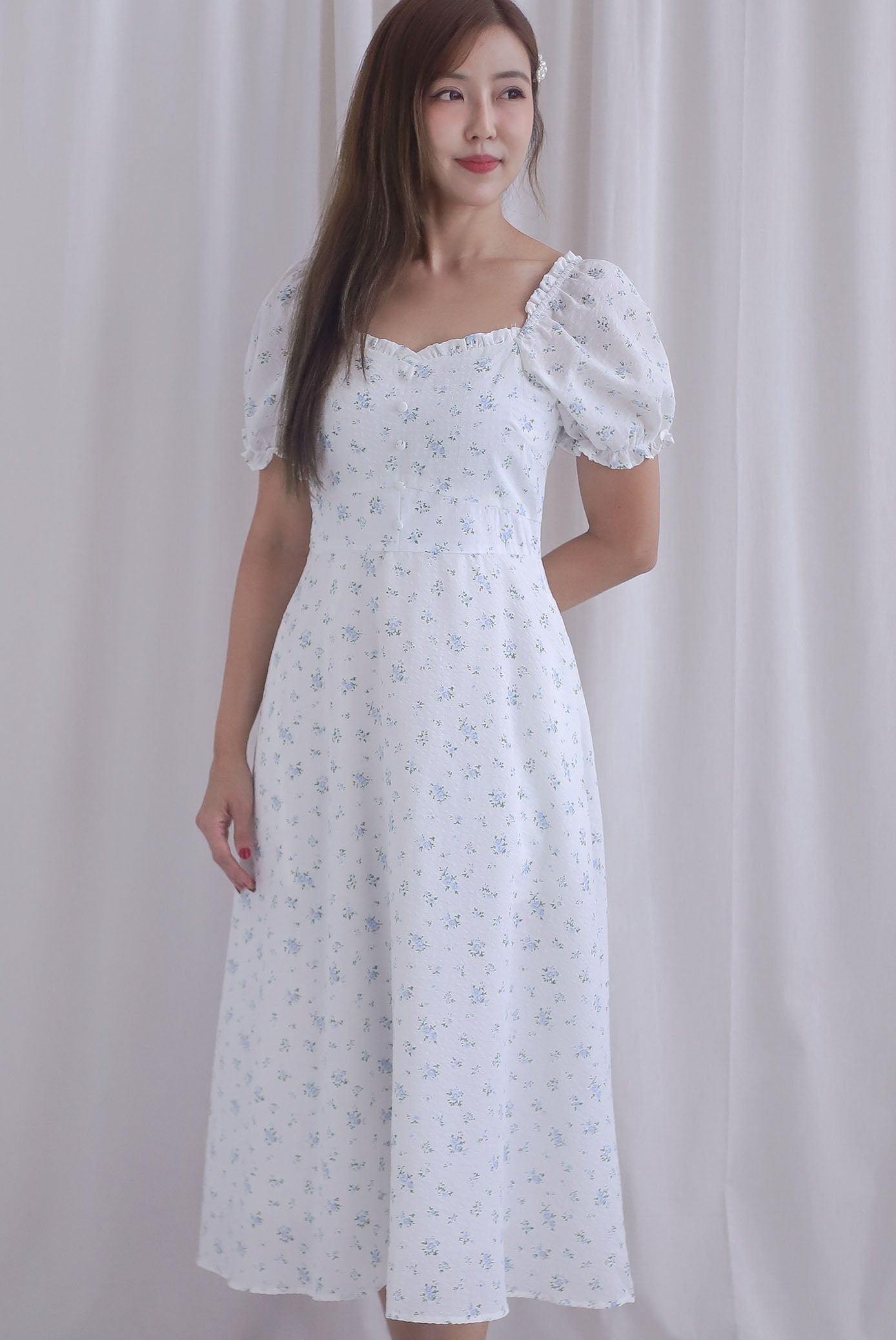 Chandra Frill Floral Gingham Sleeved Midi Dress In White