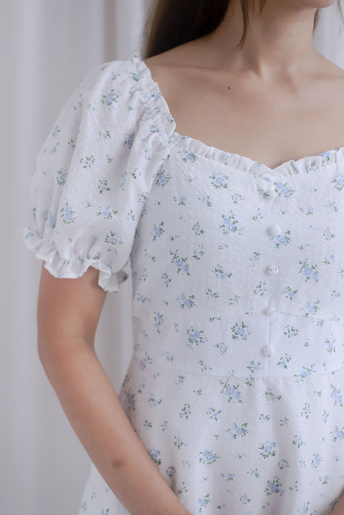 Chandra Frill Floral Gingham Sleeved Midi Dress In White