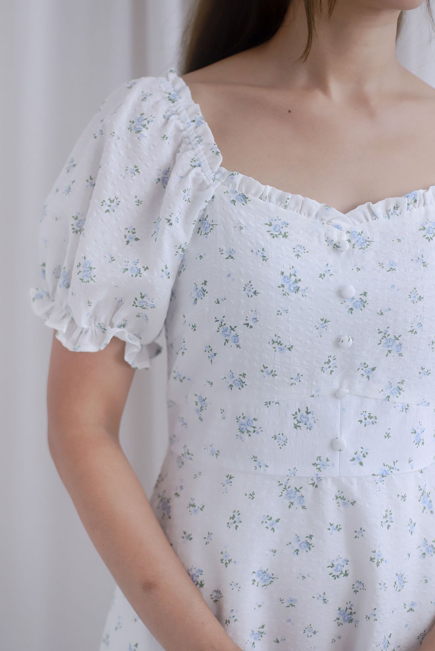 Chandra Frill Floral Gingham Sleeved Midi Dress In White