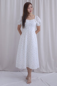 Chandra Frill Floral Gingham Sleeved Midi Dress In White