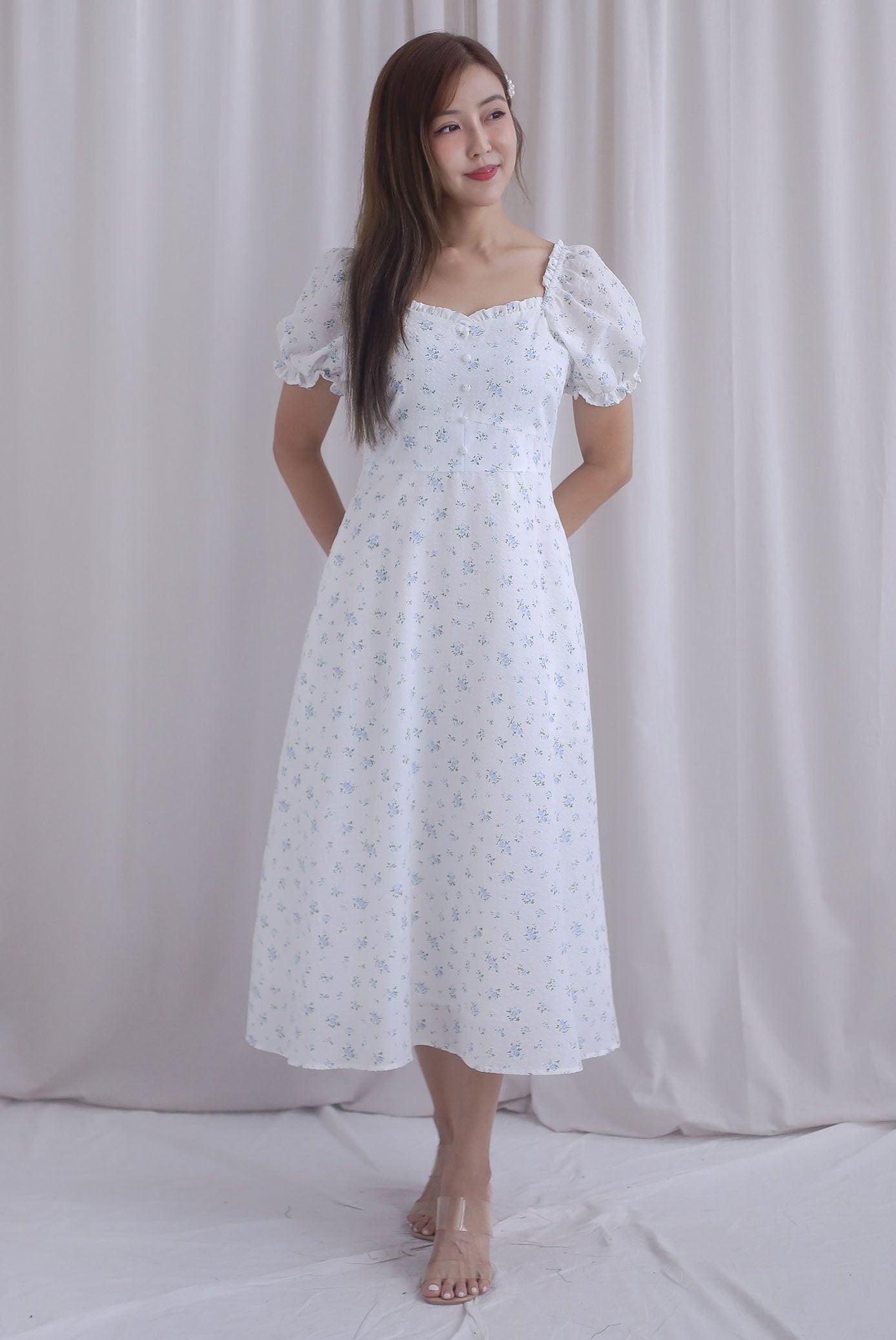 Chandra Frill Floral Gingham Sleeved Midi Dress In White