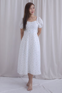 Chandra Frill Floral Gingham Sleeved Midi Dress In White