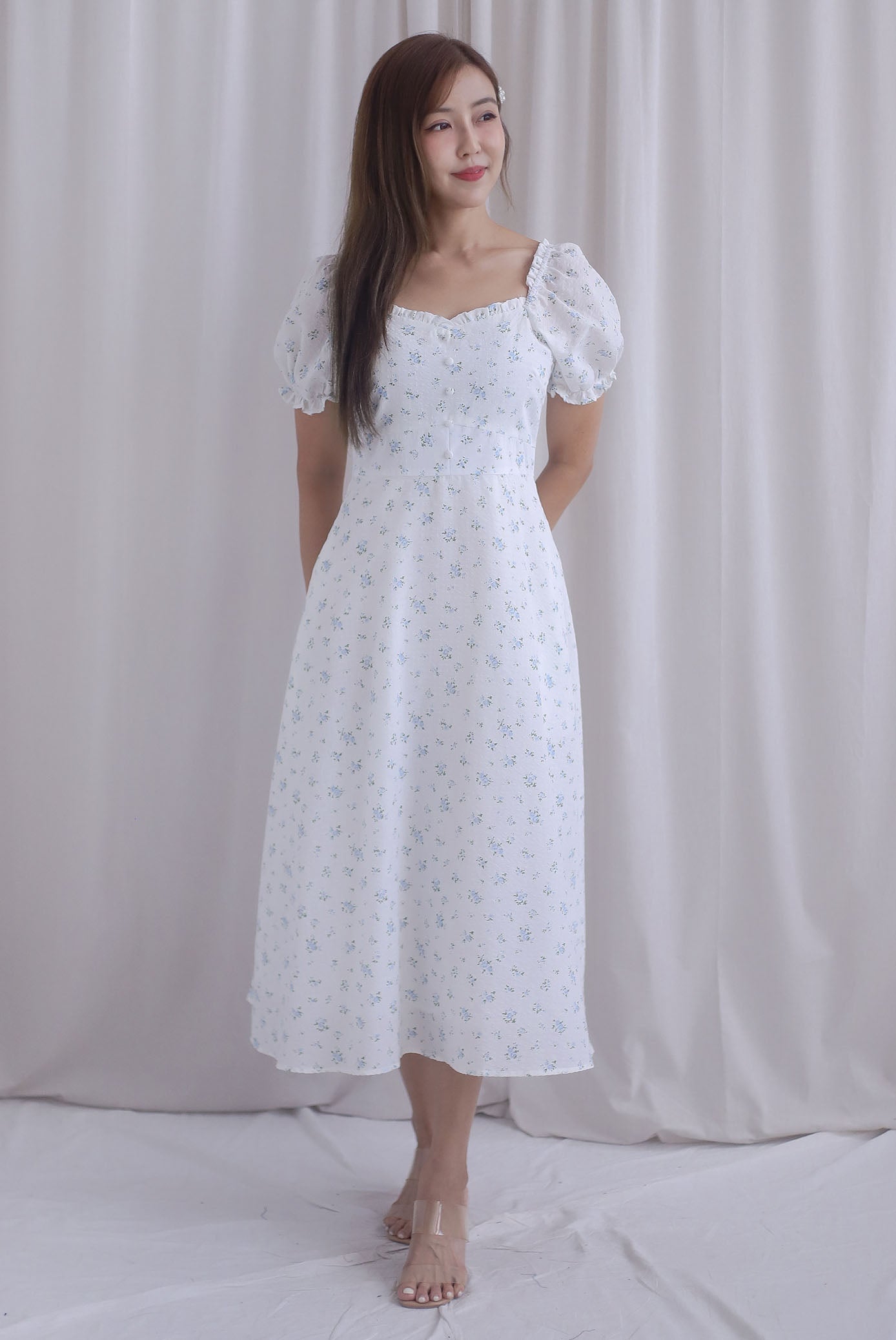 Chandra Frill Floral Gingham Sleeved Midi Dress In White