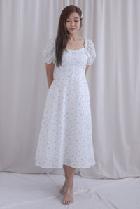 Chandra Frill Floral Gingham Sleeved Midi Dress In White