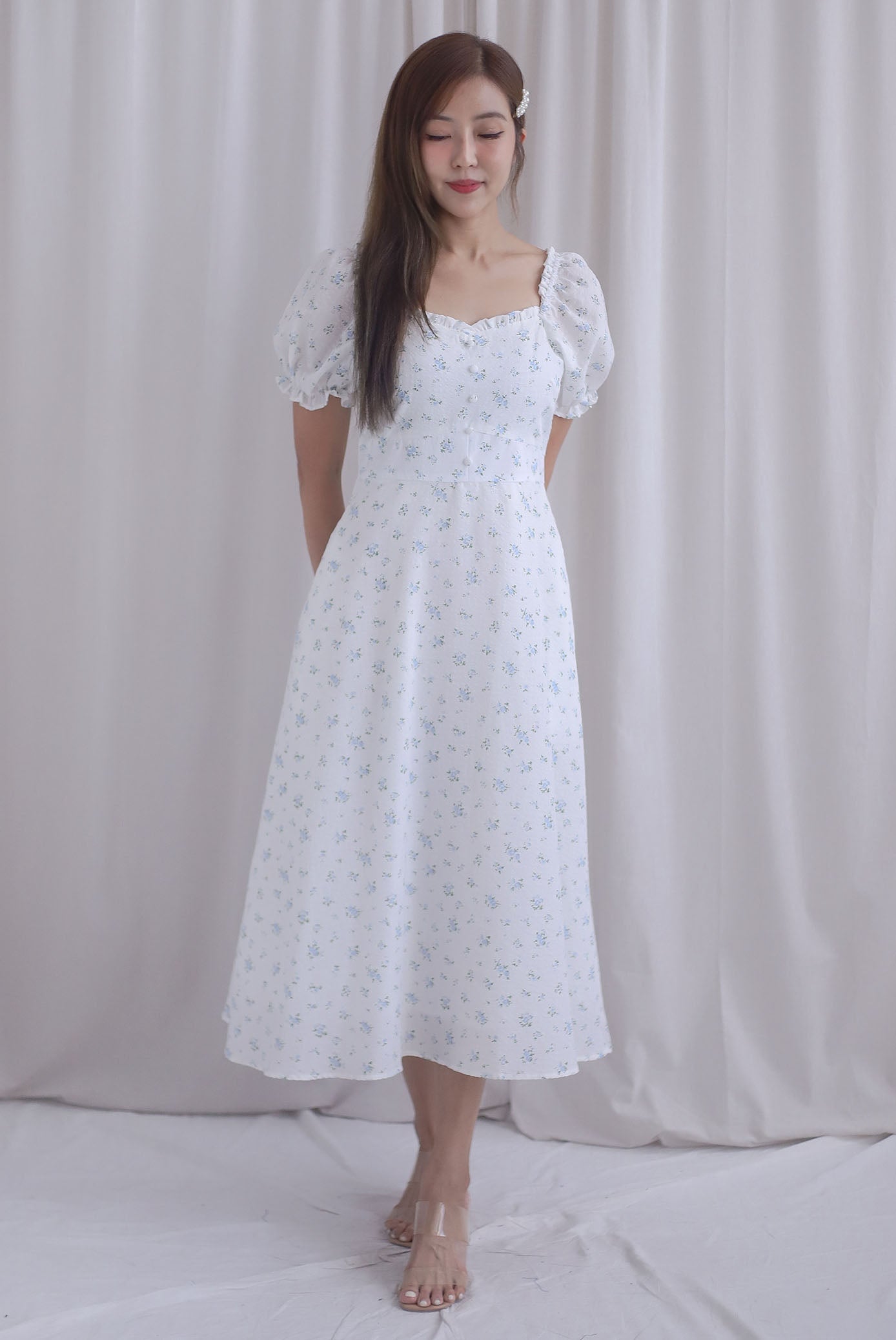 Chandra Frill Floral Gingham Sleeved Midi Dress In White