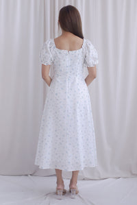 Chandra Frill Floral Gingham Sleeved Midi Dress In White