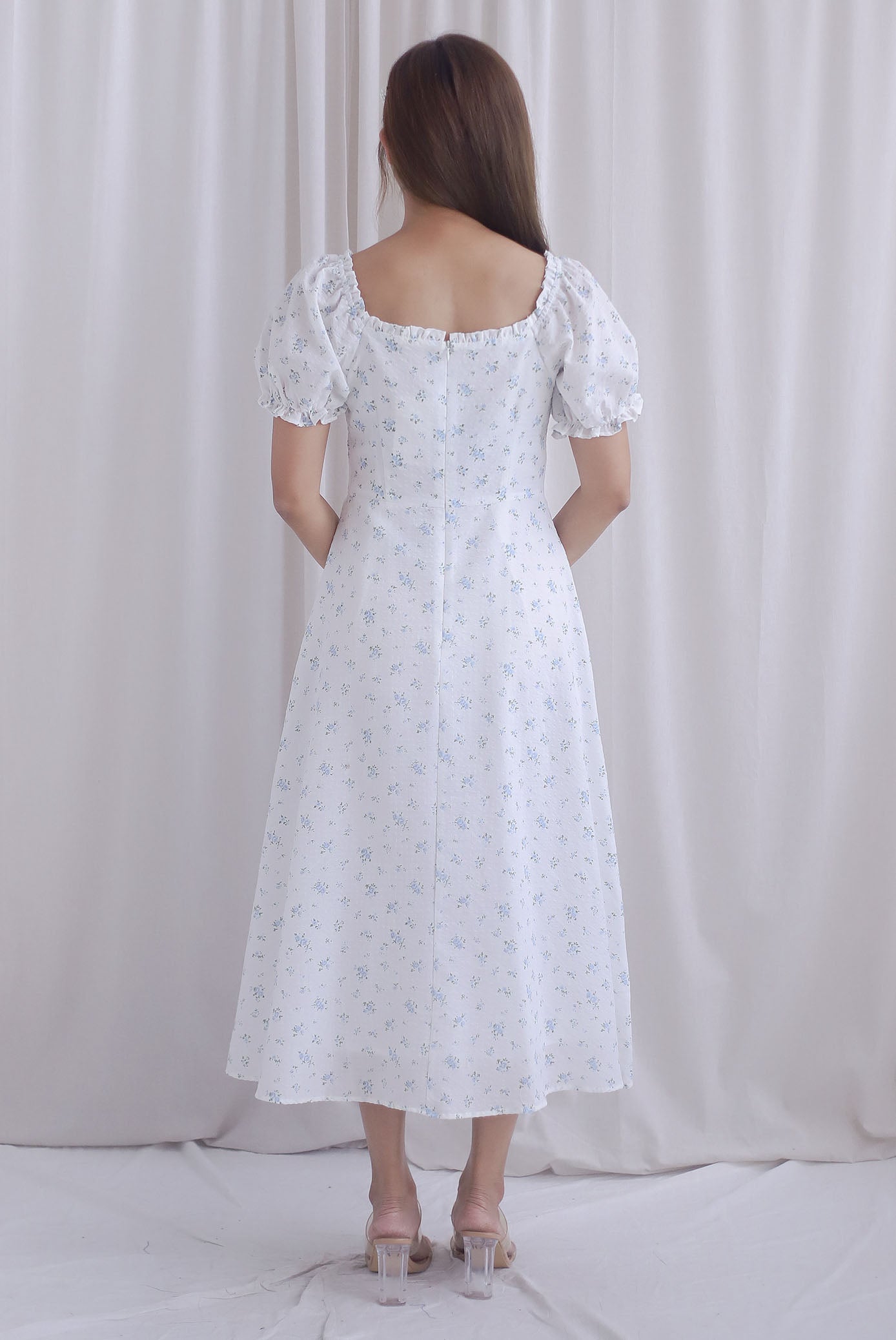 Chandra Frill Floral Gingham Sleeved Midi Dress In White