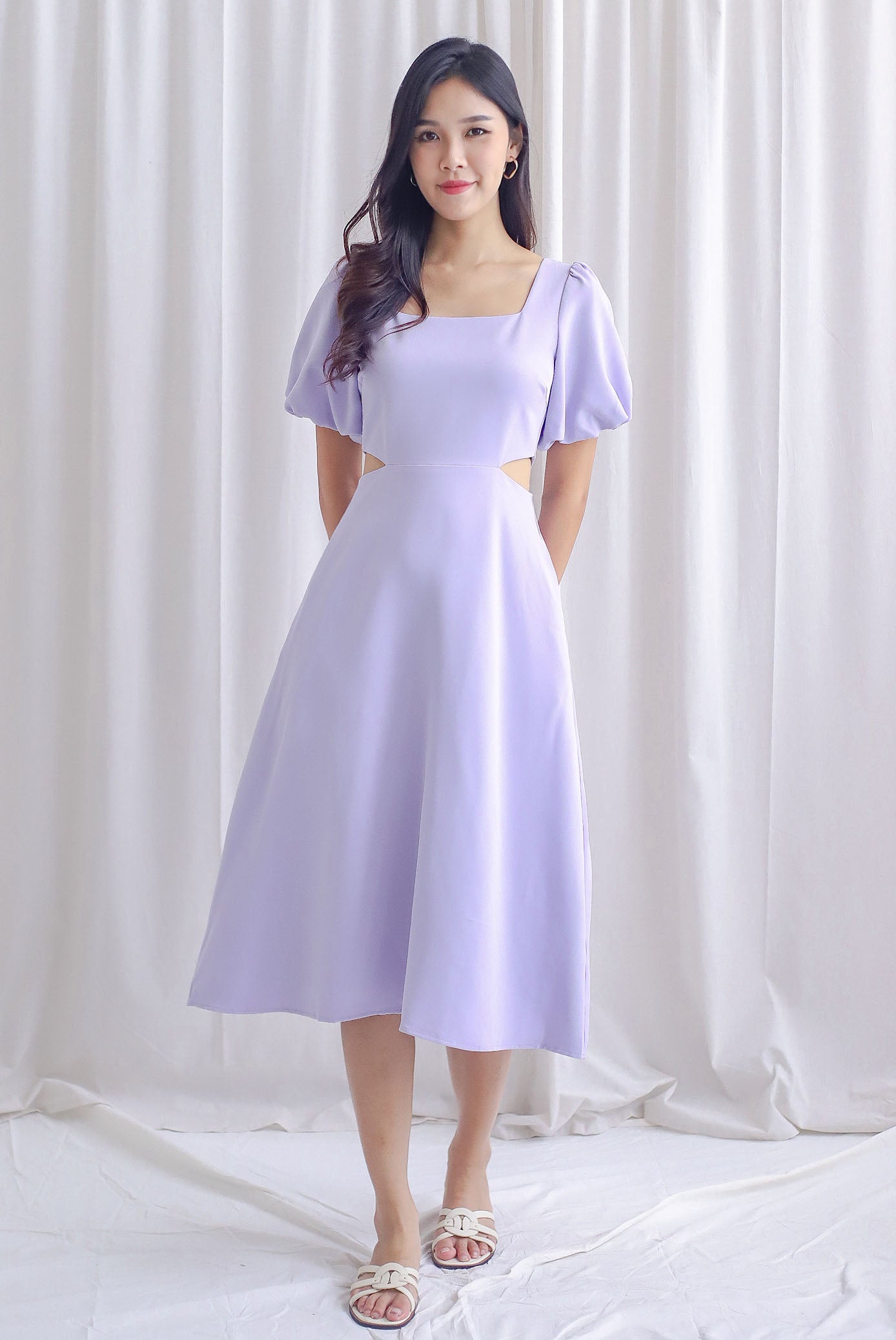 Chantel Sleeved Cut Out Waist Midi Dress In Lilac