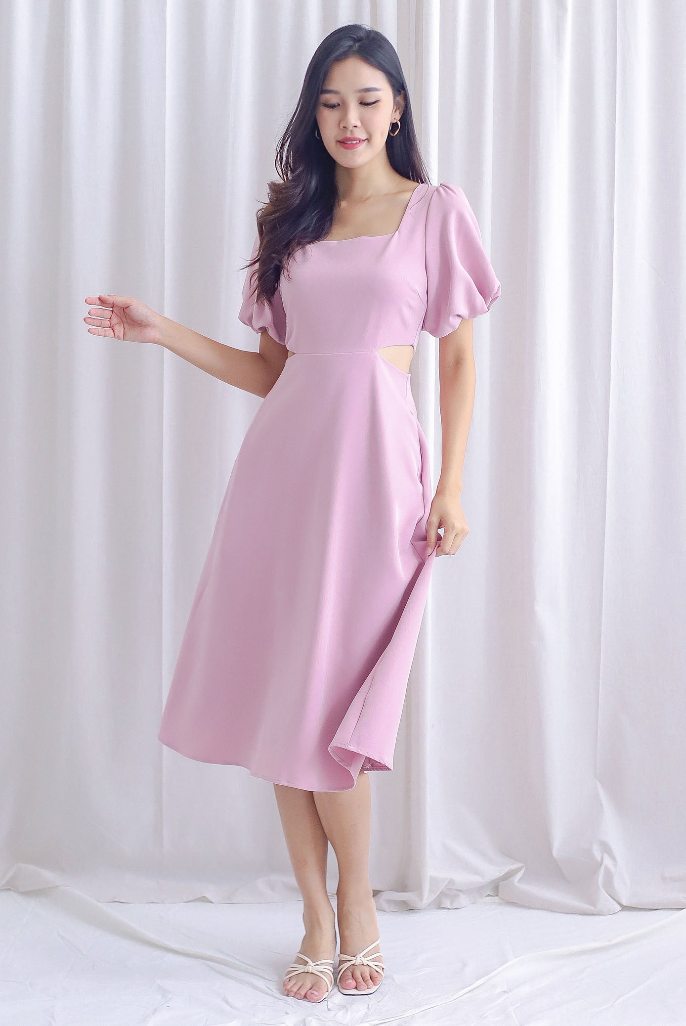 Chantel Sleeved Cut Out Waist Midi Dress In Pink - Size XS Chantel Sleeved Cut Out Waist Midi Dress In Pink - Size XS