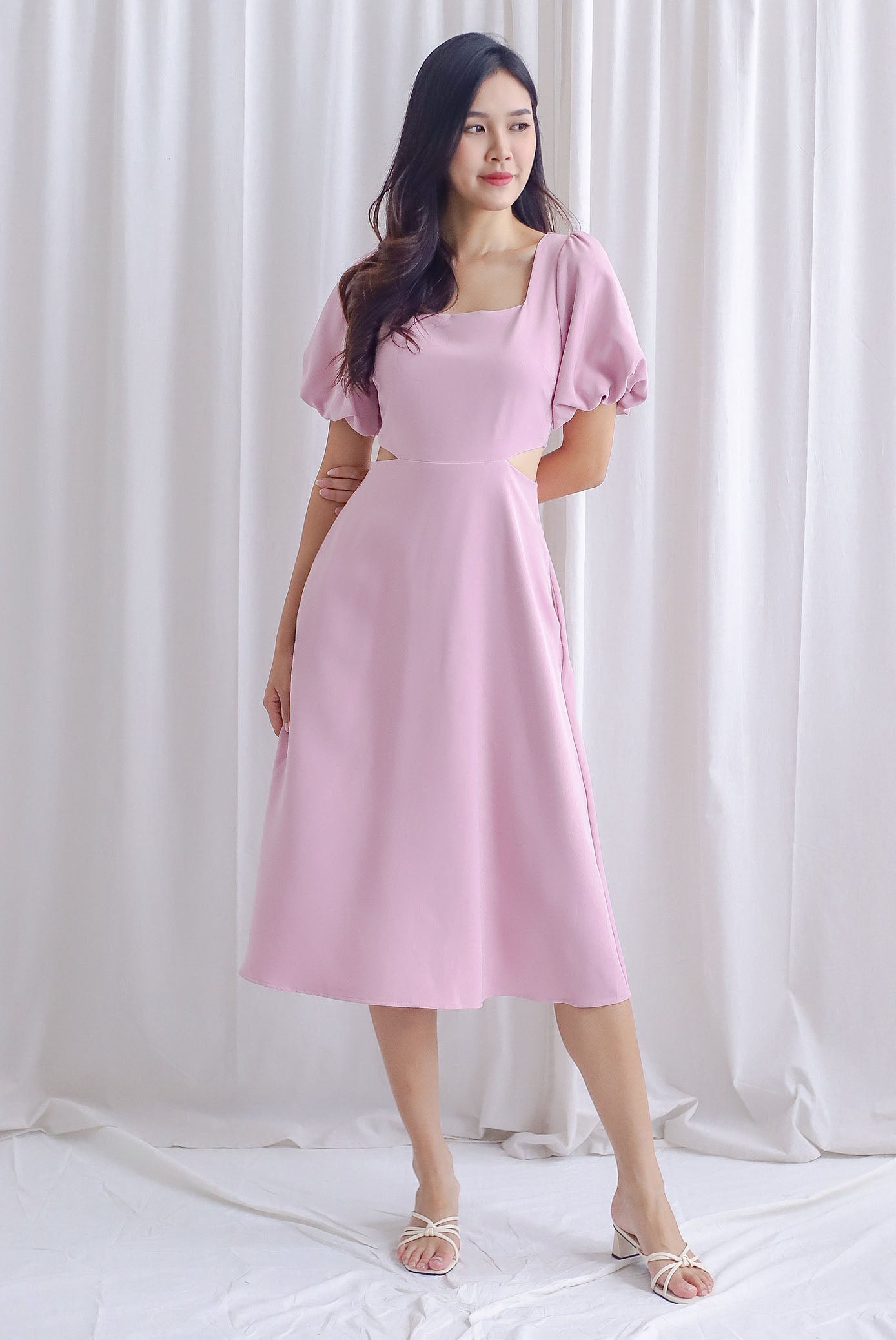 Chantel Sleeved Cut Out Waist Midi Dress In Pink