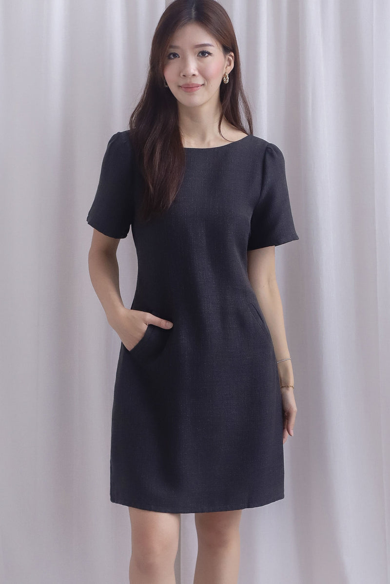 Charmaine Sleeved Wide Neckline Tweed Shift Dress In Black