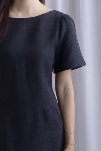 Charmaine Sleeved Wide Neckline Tweed Shift Dress In Black