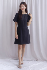 Charmaine Sleeved Wide Neckline Tweed Shift Dress In Black