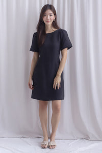Charmaine Sleeved Wide Neckline Tweed Shift Dress In Black