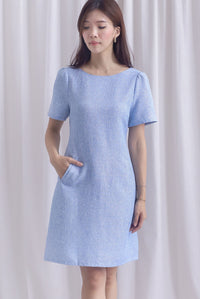 Charmaine Sleeved Wide Neckline Tweed Shift Dress In Blue