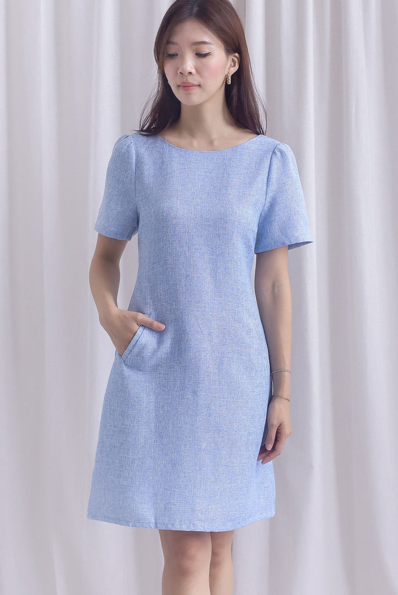 Charmaine Sleeved Wide Neckline Tweed Shift Dress In Blue