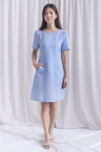 Charmaine Sleeved Wide Neckline Tweed Shift Dress In Blue