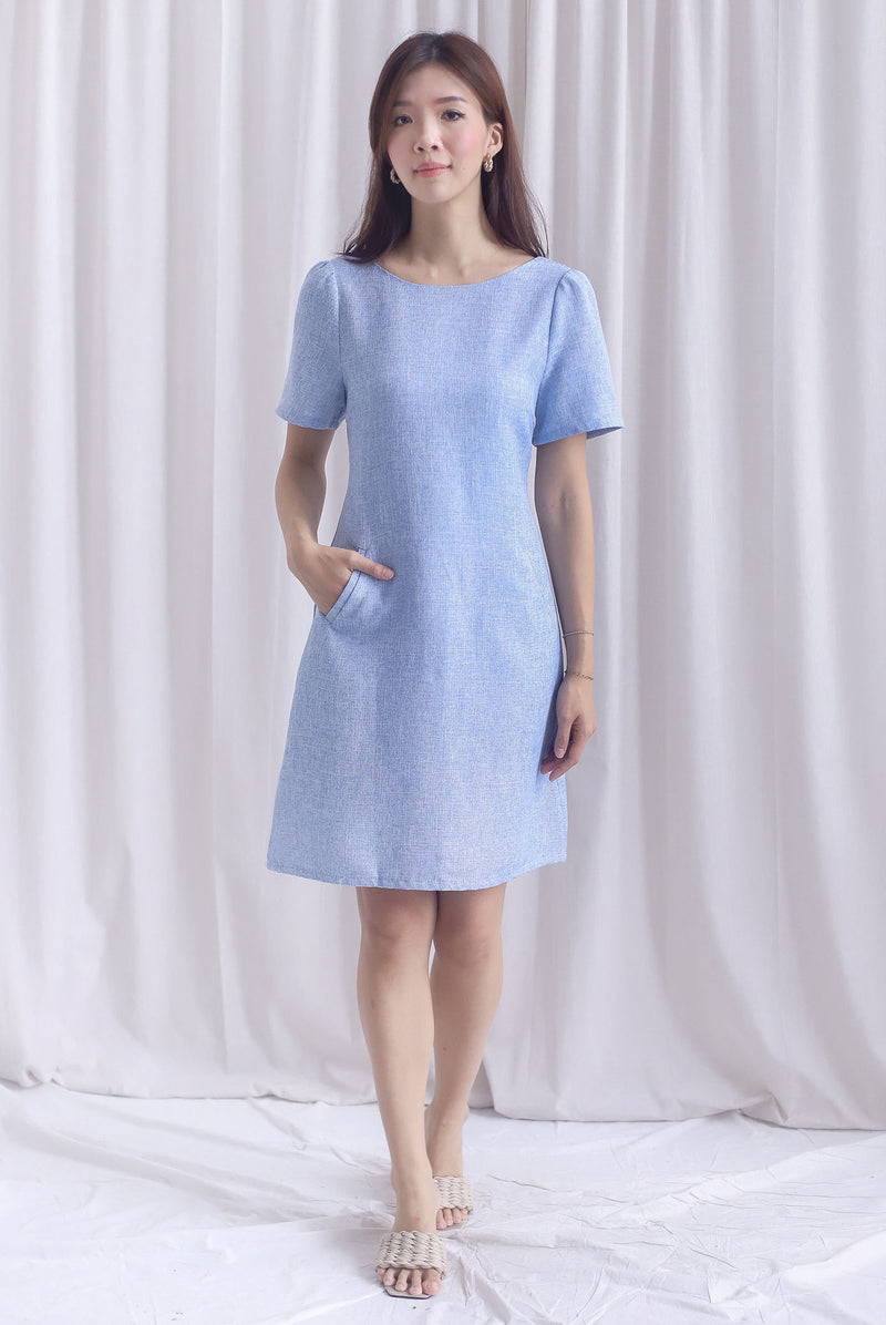 Charmaine Sleeved Wide Neckline Tweed Shift Dress In Blue