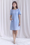 Charmaine Sleeved Wide Neckline Tweed Shift Dress In Blue