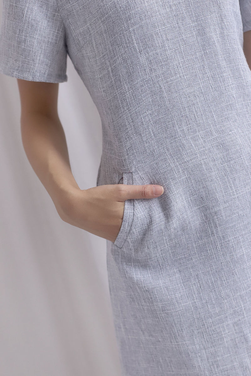 Charmaine Sleeved Wide Neckline Tweed Shift Dress In Grey