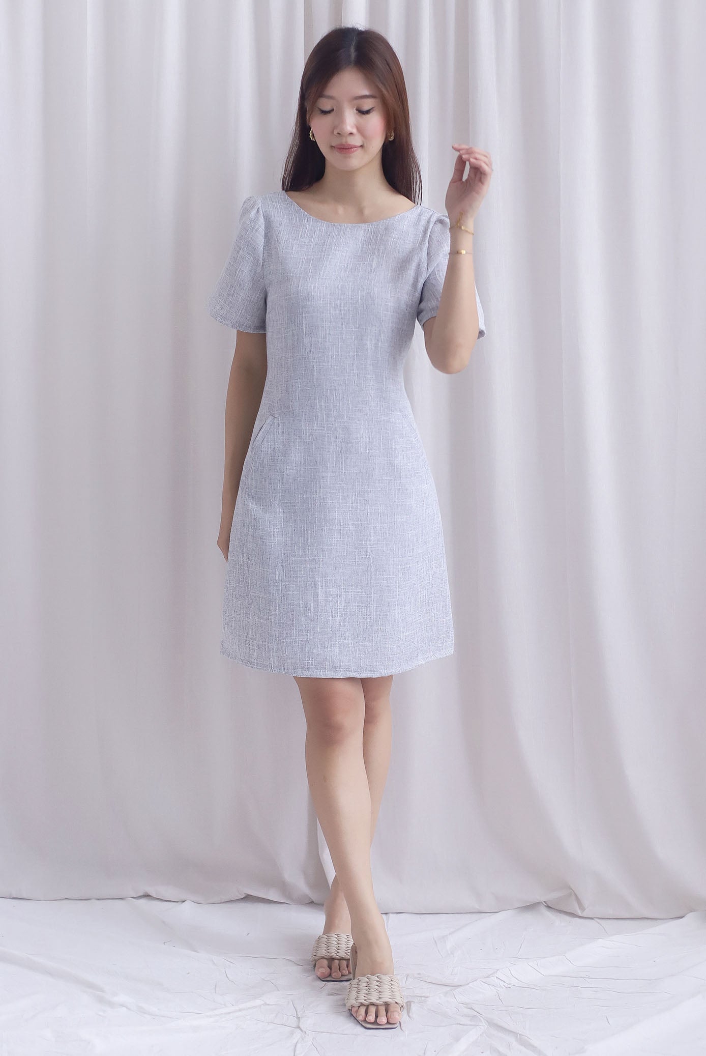 Charmaine Sleeved Wide Neckline Tweed Shift Dress In Grey