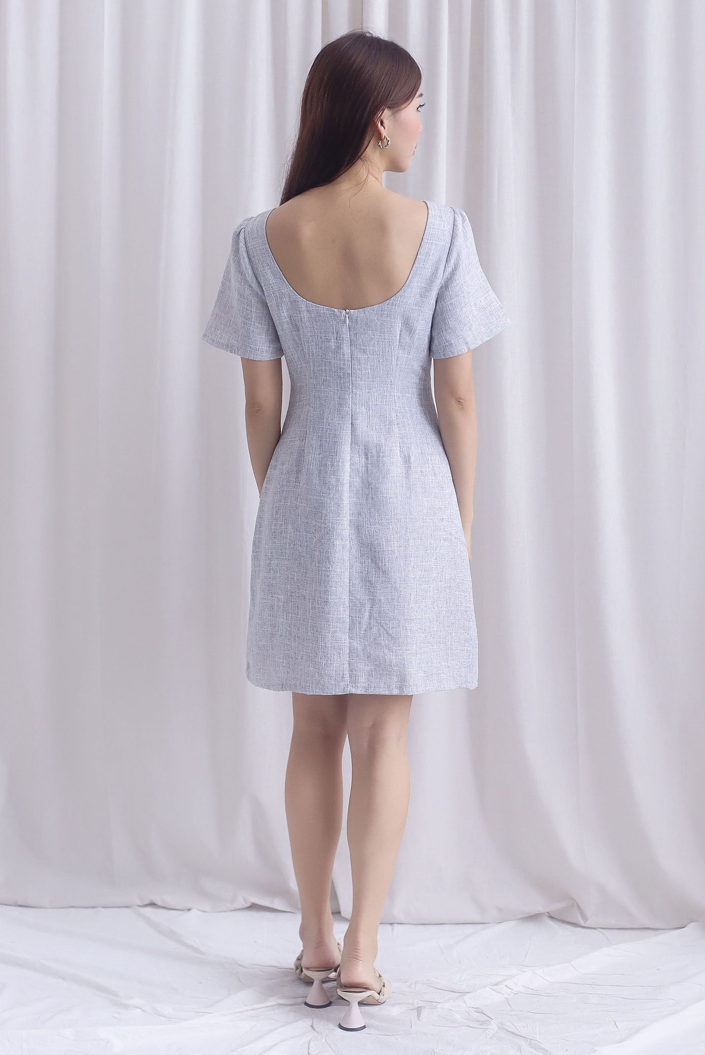 Charmaine Sleeved Wide Neckline Tweed Shift Dress In Blue