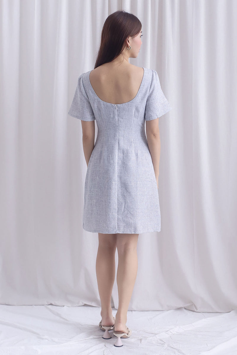 Charmaine Sleeved Wide Neckline Tweed Shift Dress In Blue
