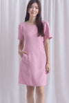 Charmaine Sleeved Wide Neckline Tweed Shift Dress In Pink