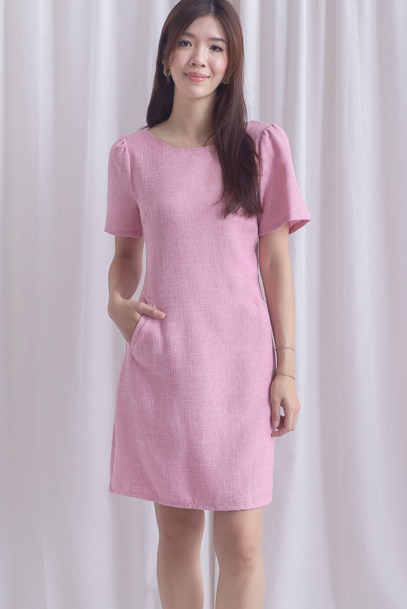Charmaine Sleeved Wide Neckline Tweed Shift Dress In Pink