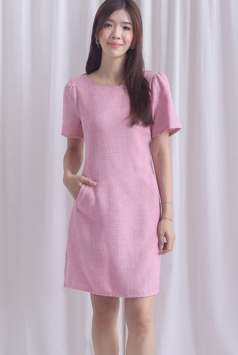 Charmaine Sleeved Wide Neckline Tweed Shift Dress In Pink