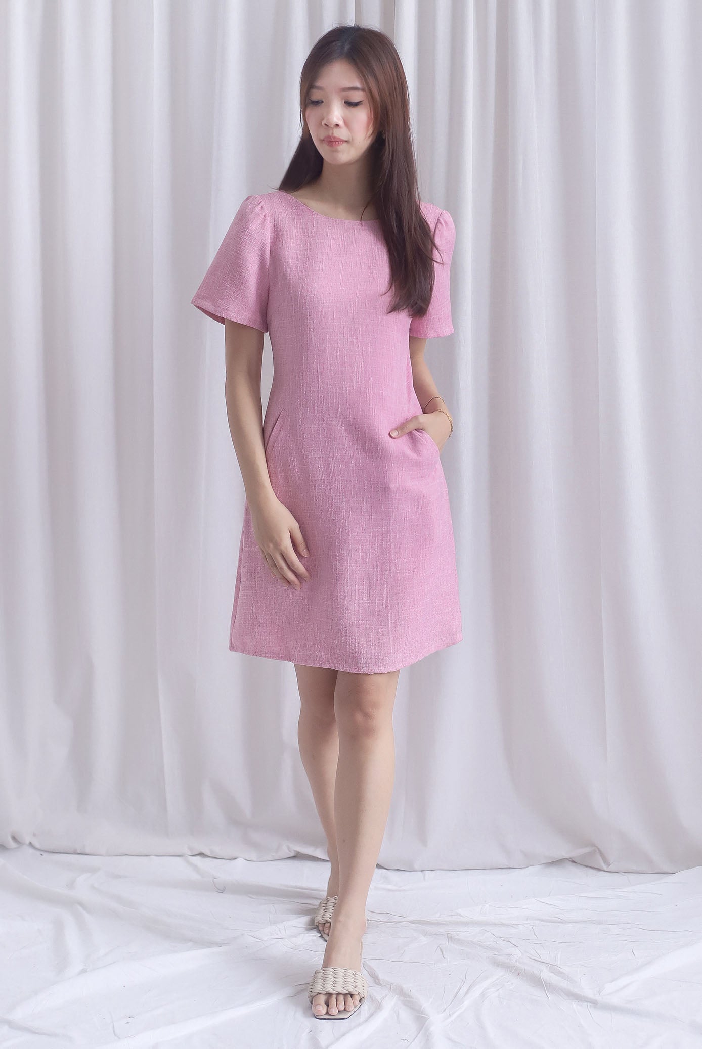 Charmaine Sleeved Wide Neckline Tweed Shift Dress In Pink